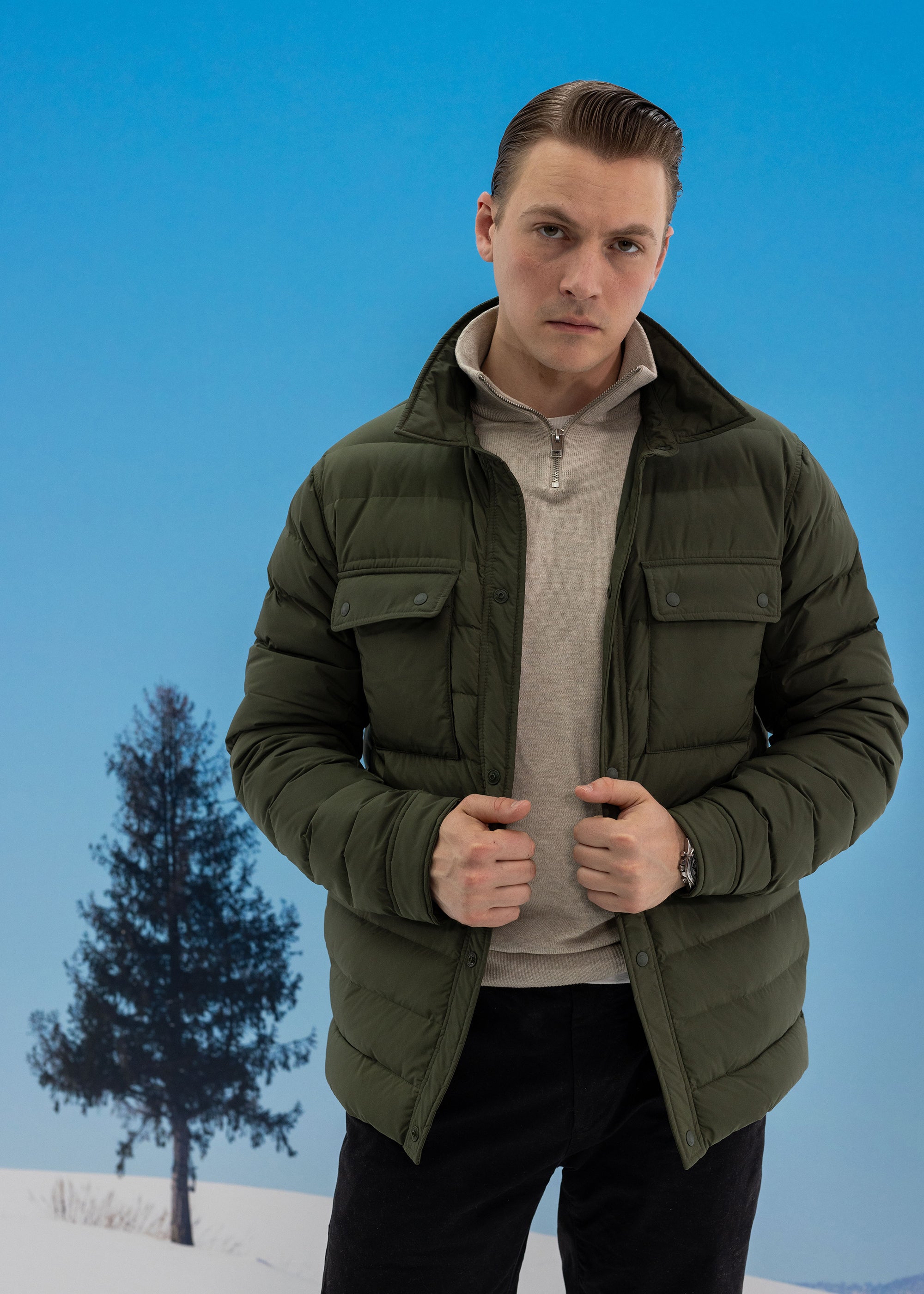 Sapparo Down Shirt - background::white,variant::Dark Olive