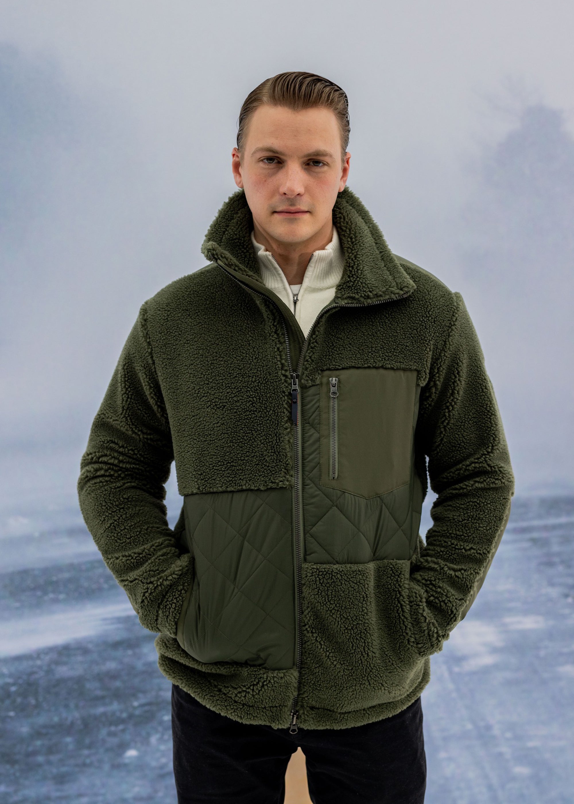 Osaka Pile Jacket - background::white,variant::Dark Olive