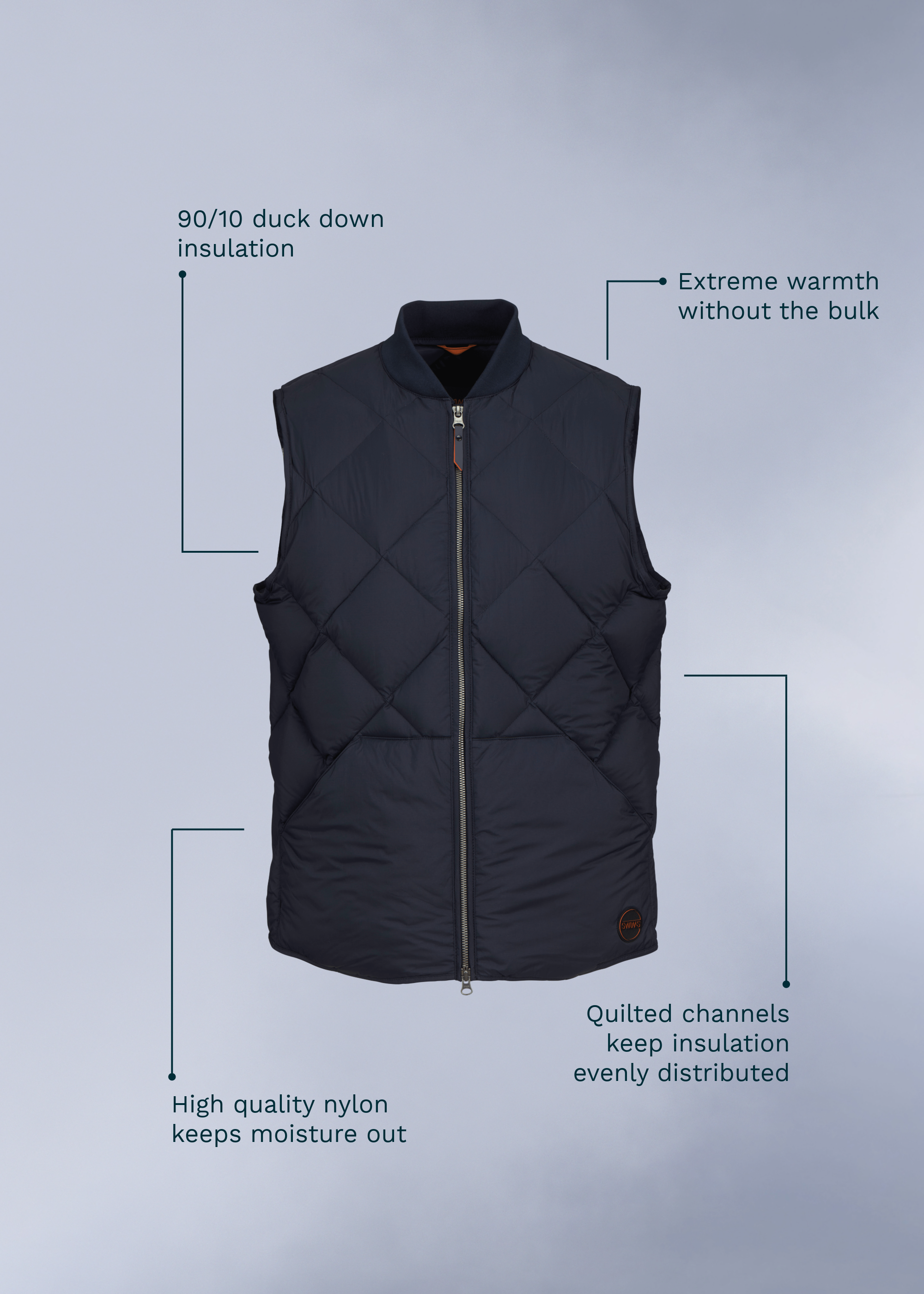 Myoko Down Vest - background::white,variant::Midnight