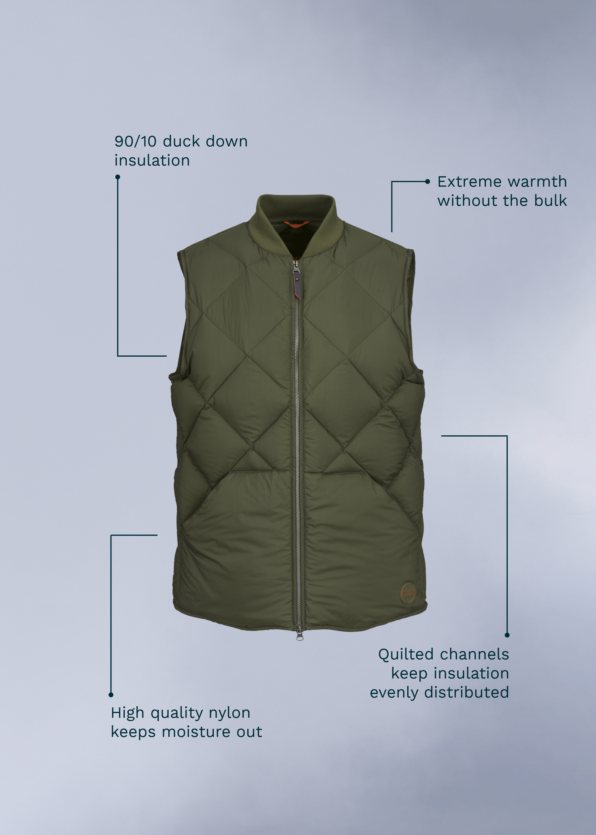 Myoko Down Vest - background::white,variant::Dark Olive