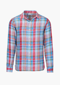 Amalfi Plaid Linen Shirt - background::white,variant::Spray Blue Plaid